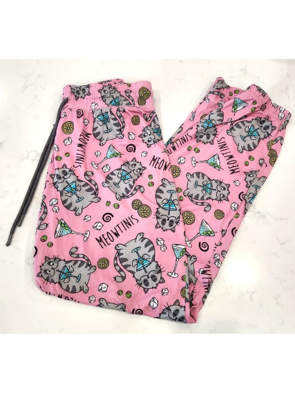 Meowtinis Pajama Pants Joggers Lounge Pants Pink w/Cats & Martinis Size S